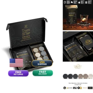 Whiskey Chilling Stones & Coffee Gift Set - 6 Granite Rocks, Hardwood Tray