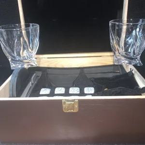 Whiskey Stones Man Gift Box: Granite Chill Rocks & Glass Set Reusable Wood Case