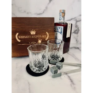 Whiskey Stones Gift Set Wood Box 2 Crystal Glasses Granite Chilling Rocks Tongs