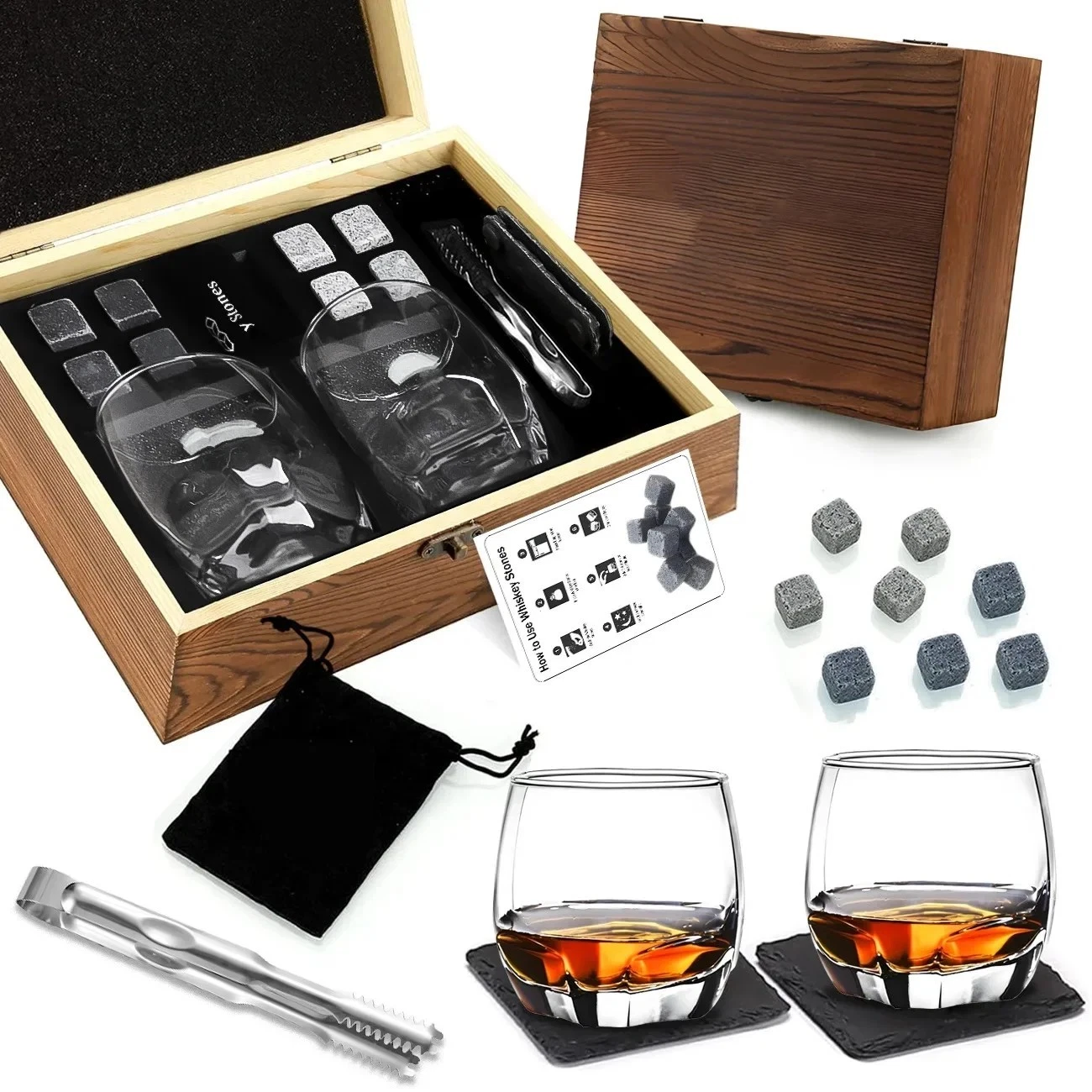 Whiskey Gift Set For Men Luxury Handcrafted Whiskey Glasses & Chilling Stones