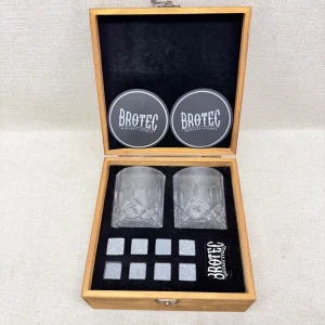 Brotec Whiskey Stones Gift Set with 2 Glasses 8 Granite Rocks Wooden Box