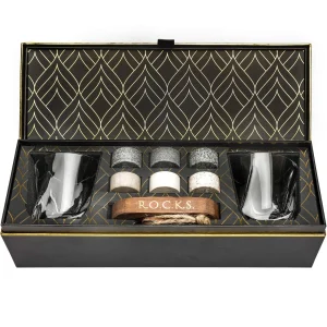 Whiskey Chilling Stones Gift Set - 6 Handcrafted 10 Piece Set, Black / Gold