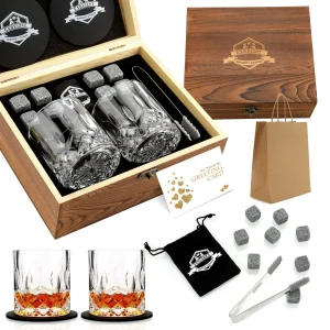 Whiskey Stones Gift Set with 2 Glasses - Granite Chilling Rocks for Bourbon & Sc