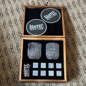 BROTEC Whiskey Stones Set w/ 2 8oz Glasses, 9 Stones, Presentation Wood Box