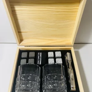 BWSI Whiskey Stones Set w/ 2 Glasses, Tongs & Presentation Wood Box